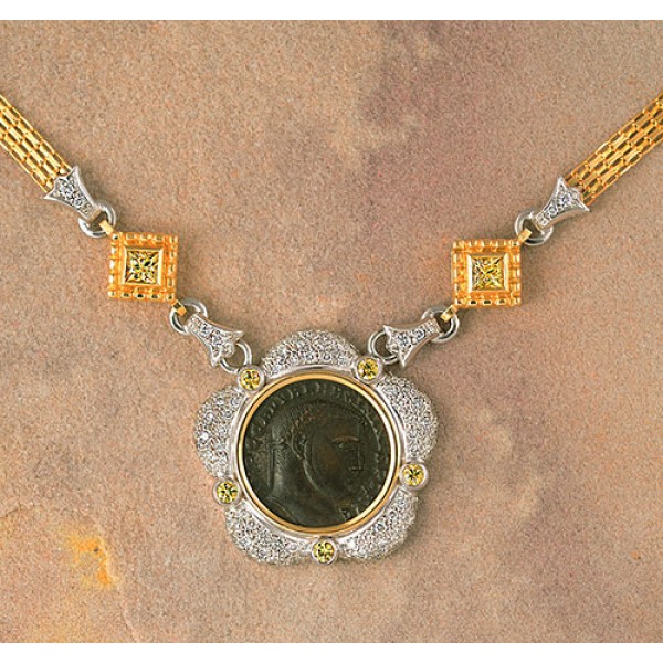 Roman Coin Diamond & Yellow Sapphire Necklace